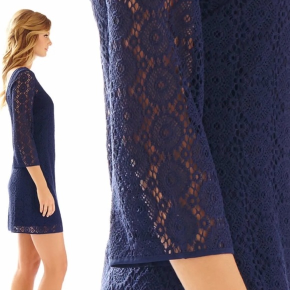 Lily Pulitzer Navy Blue Topanga Crocket Long Bell sleeve Mini Dress. NWT! Size S - Picture 2 of 15